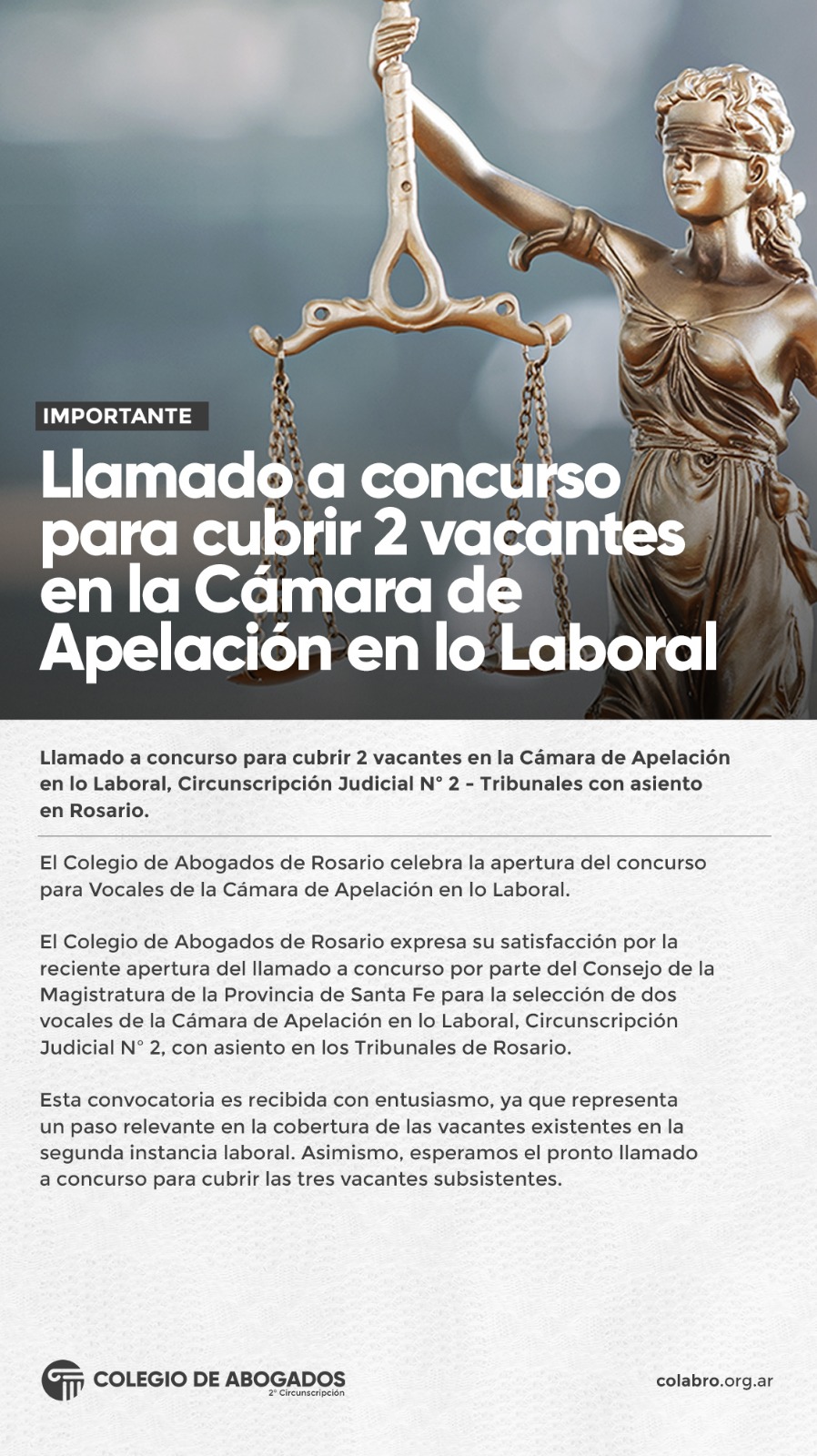 Llamado a concurso para cubrir 2 vacantes en la Cámara de Apelación en lo Laboral, Circunscripción Judicial Nº 2 - Tribunales con asiento en Rosario